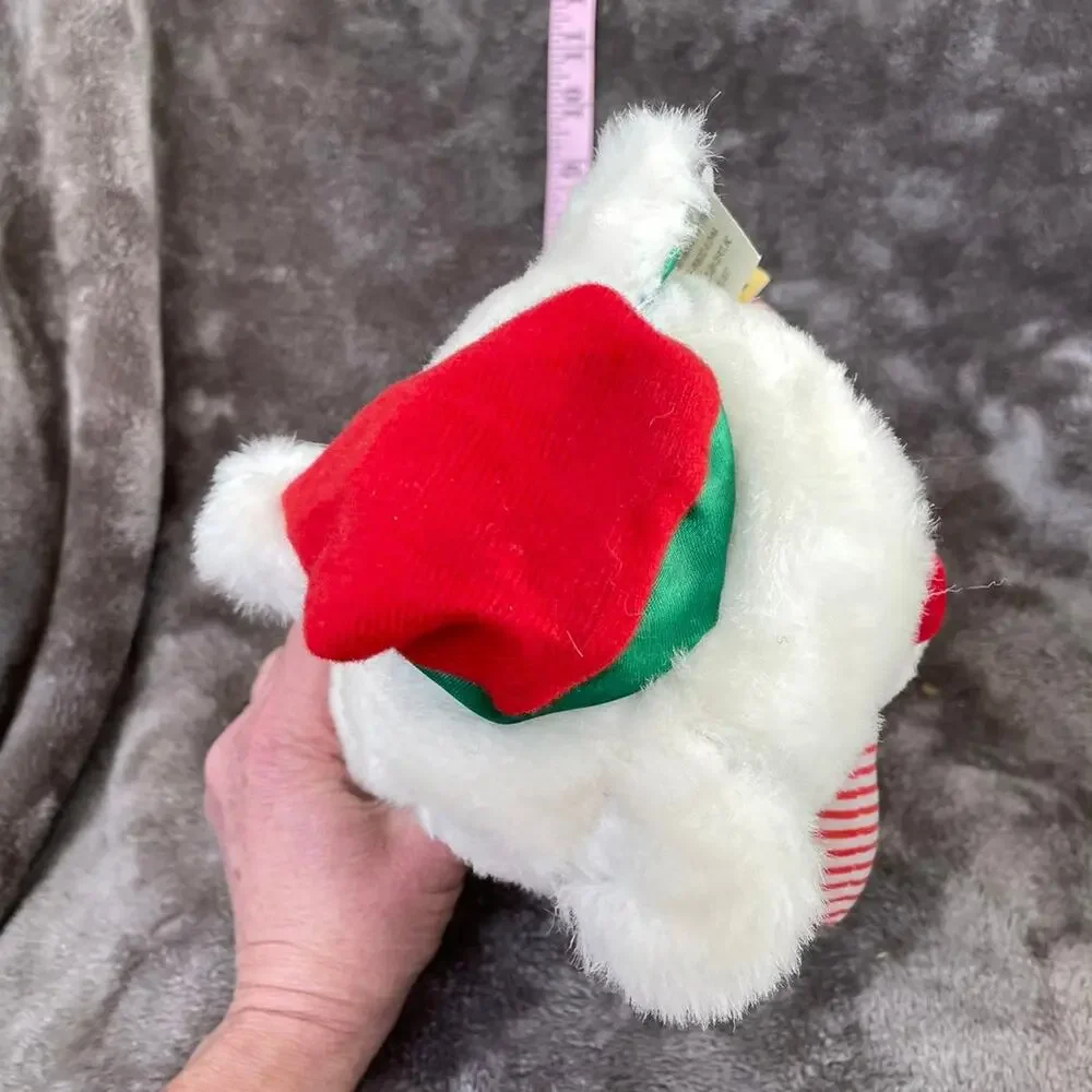 Vtg 90's White Christmas Bear Plush w/ Candy Canes & Santa Hat Green Feet TAGS